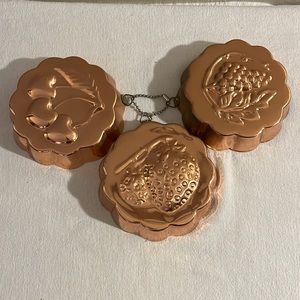 3 Vintage Copper Colored Metal Molds of Cherry, Strawberry & Grapes